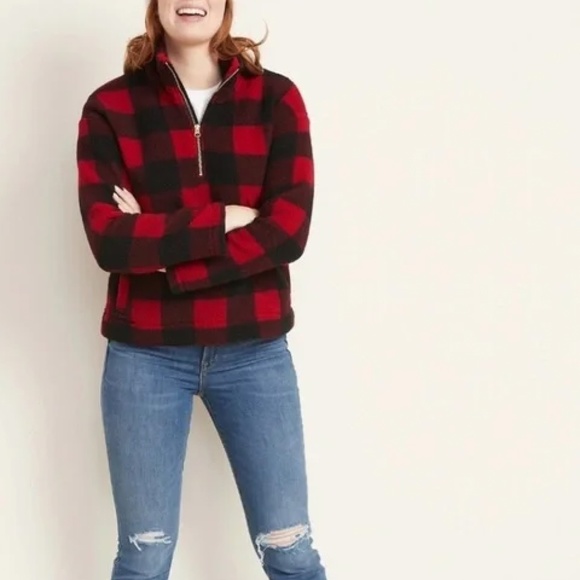 Old Navy Tops - Old Navy Buffalo Plaid Mock Neck Quarter Zip Sherpa Pullover Sweatshirt